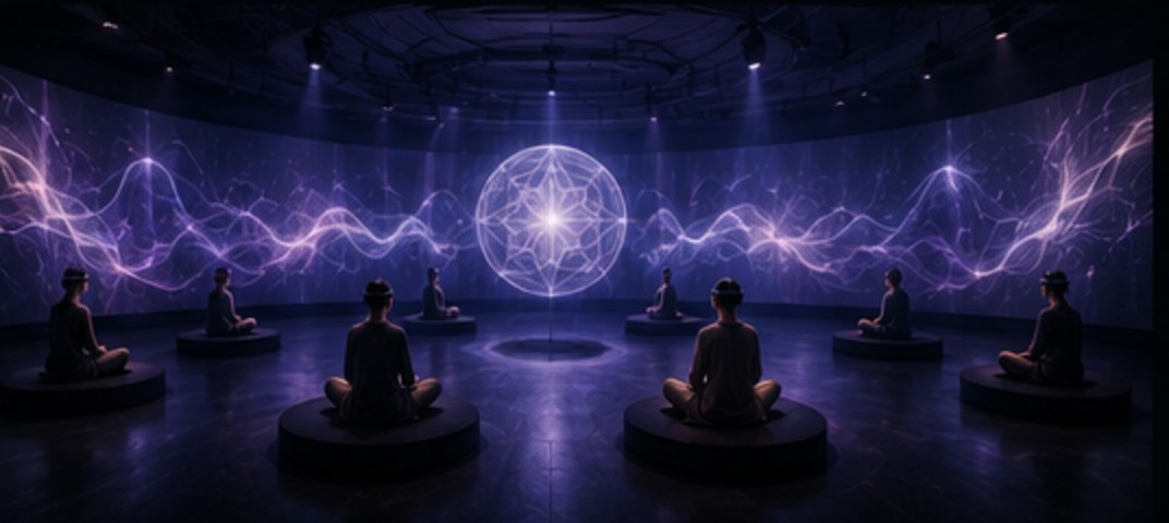 Concept render of the collective phase — eight people wearing EEG headsets seated on low round plinths in a ring inside the curved projection room, a bright mandala of light at the centre of the far wall.