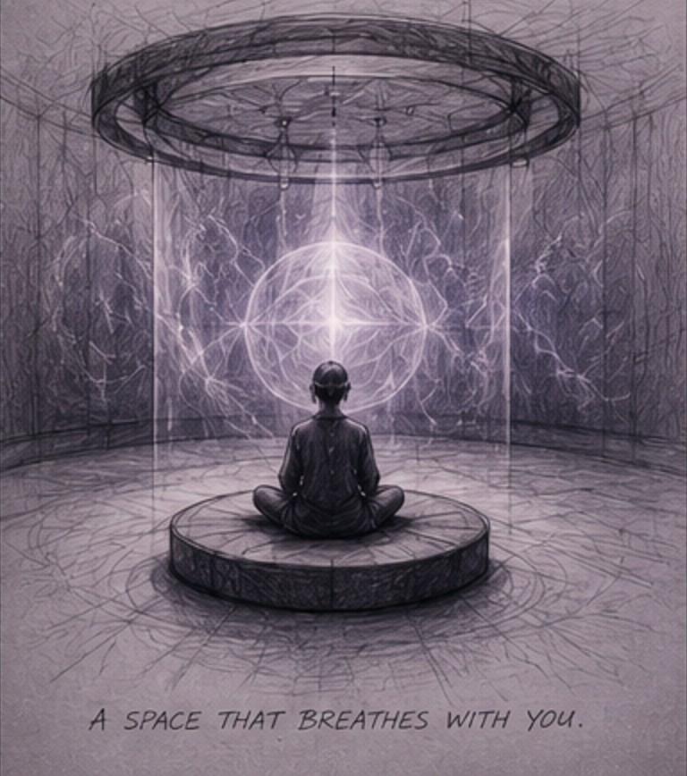 Pencil concept sketch — a figure seated on a low round plinth inside a circular room, a ring truss of lights overhead, a soft symmetrical bloom of light on the far wall.