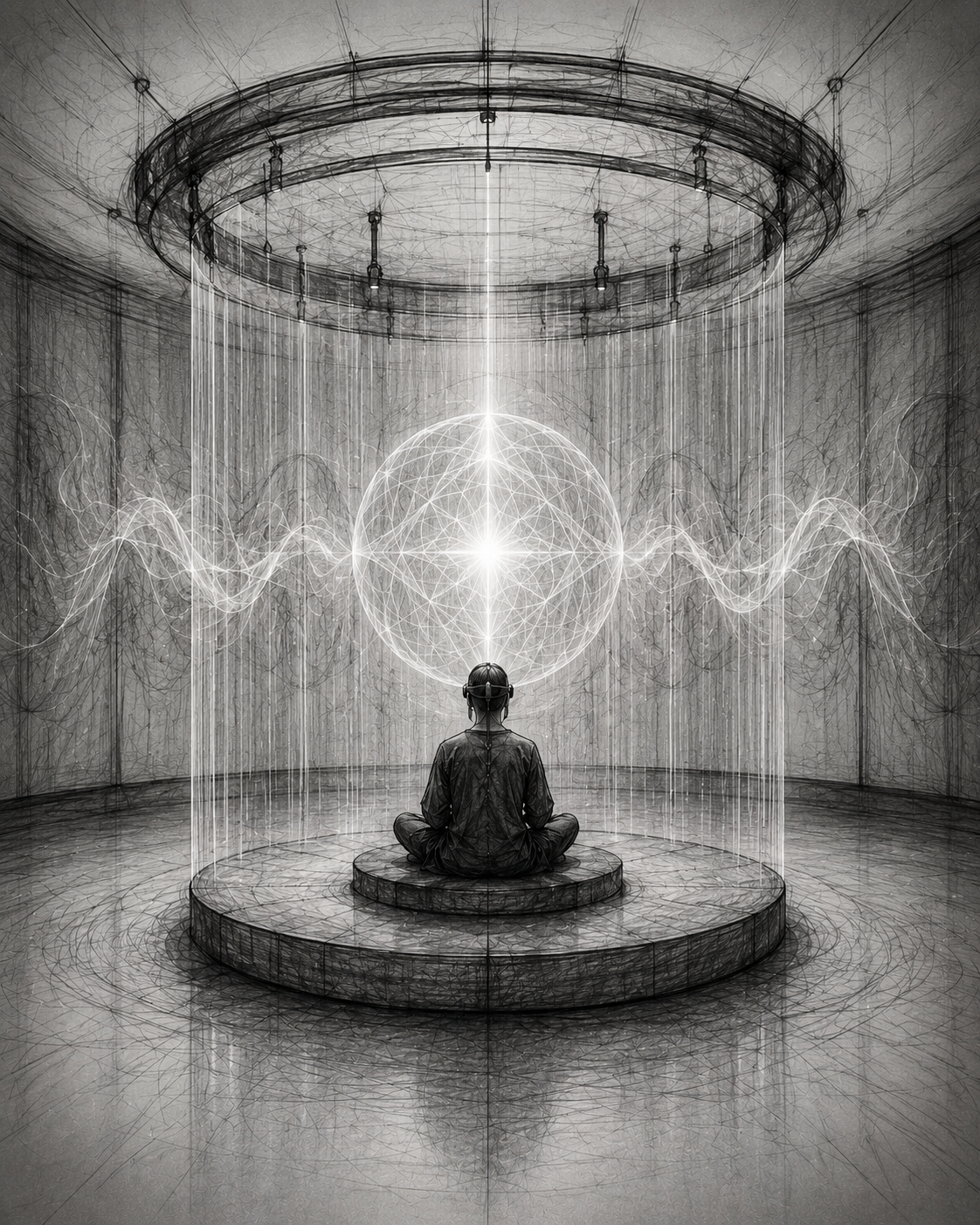 Etching of Neural Ritual — a figure wearing an EEG headset seated cross-legged inside a circular room, waves of light radiating from a bright core on the curved wall.