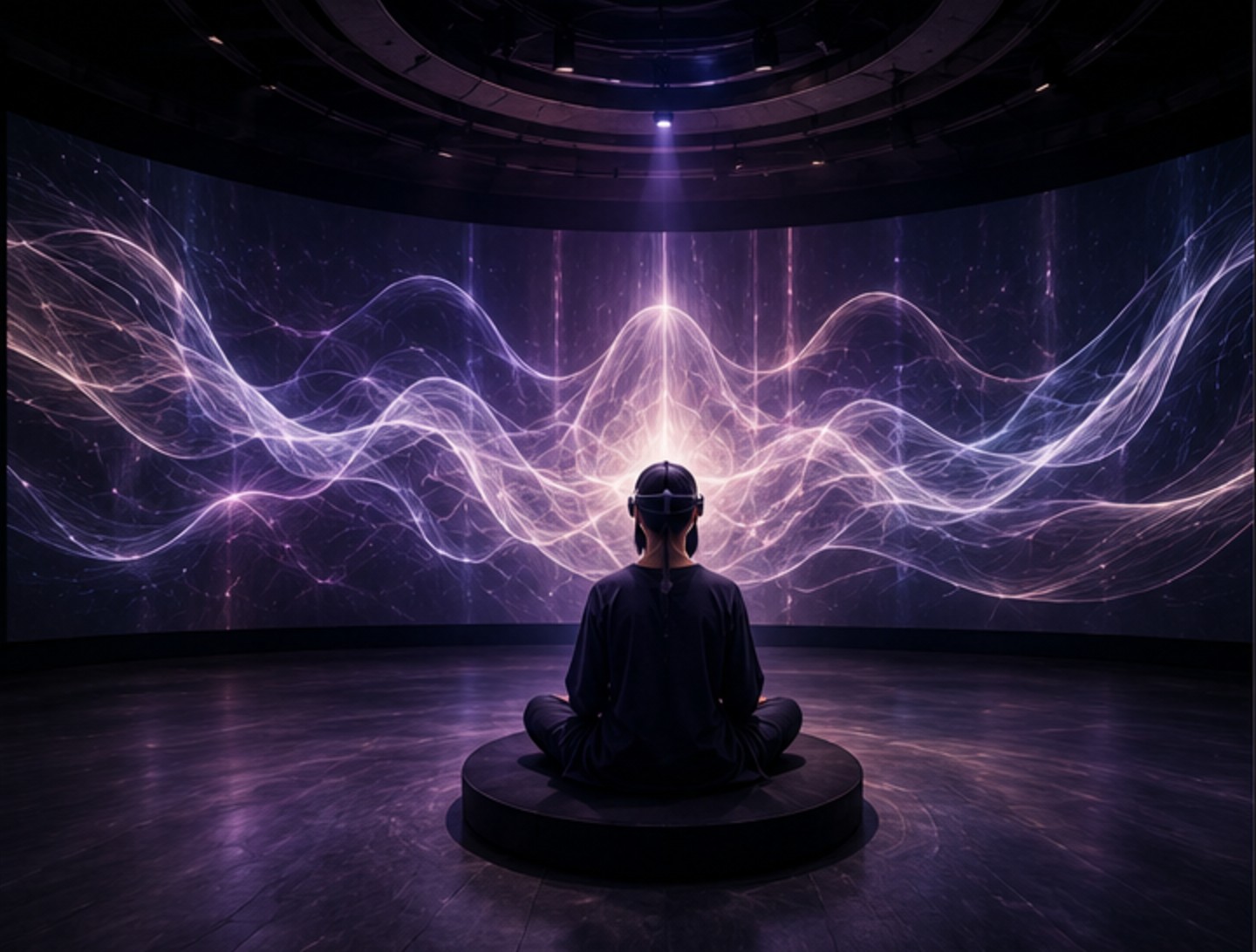 Concept render of Neural Ritual — a person wearing an EEG headset sits cross-legged on a low circular plinth in a dark round room, facing a curved wall filled with symmetrical violet and white filaments of light radiating from a bright core.