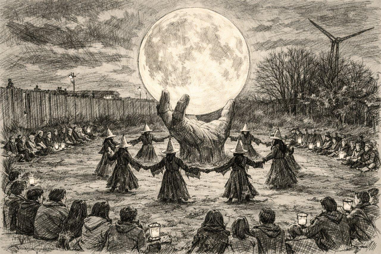 Etching of the opening ritual — dancers in a circle around the hand at dusk.