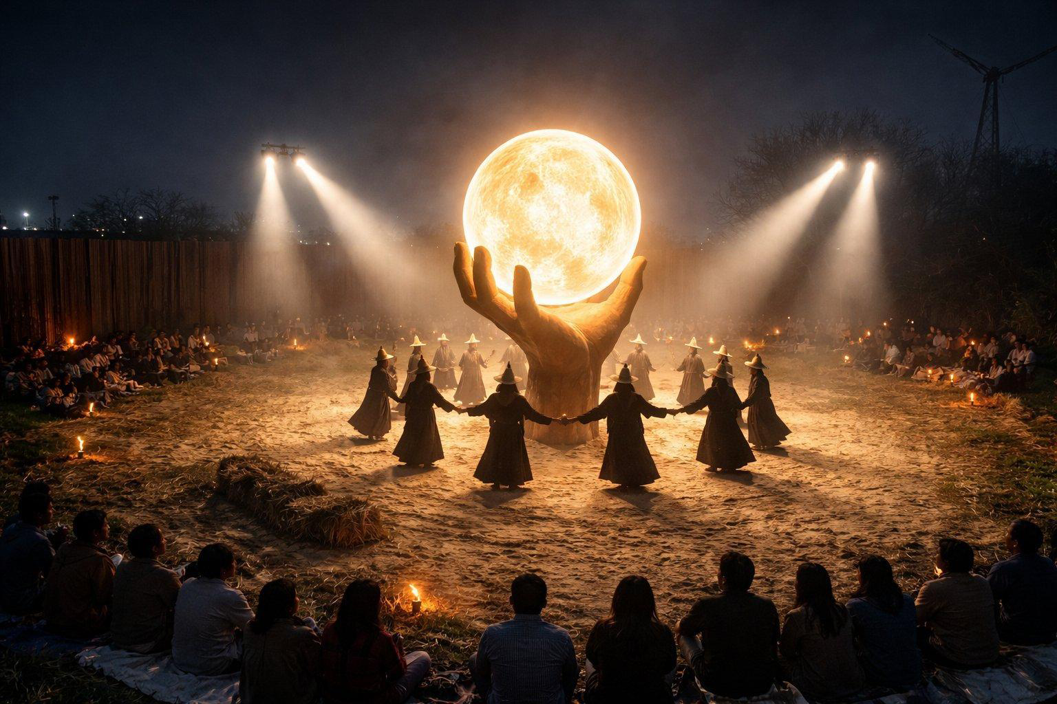 Sól at full awakening — dancers circling the lit hand, beams through haze.