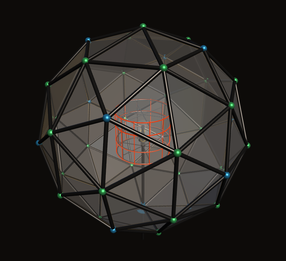 3D model of Sól's orb — a geodesic sphere of 42 acrylic panels on a steel frame, with an addressable LED core structure visible inside.