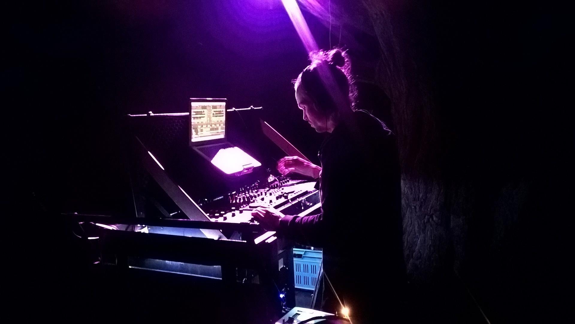Lysergic at the decks under a single purple spot — a Veldwerk set.